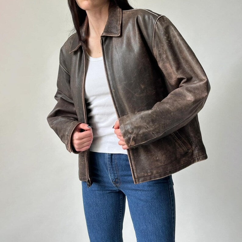 1980s Oversized Retro Distressed Brown Vintage Real Leather Jacket Women’s Streetwear Loose Fit Leather Jacket, Gift For her
