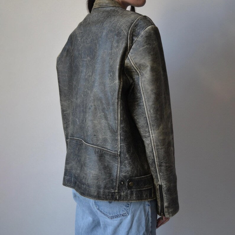 Best Leather Jacket 1980s Oversized Retro Distressed Vintage Real Leather Jacket Women’s Streetwear Loose Style Leather Jacket, Gift For her